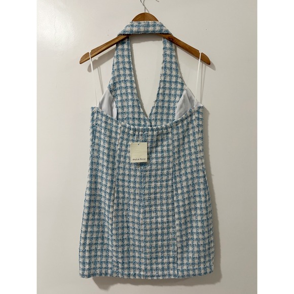 Skylar Rose Blue Gingham Halter Dress Textured Button Front Mini Medium - Picture 2 of 9